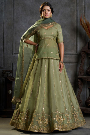 Green Embroidered Organza Lehenga (ACB2485)