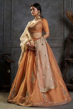 Rust Embroidered Organza Lehenga (ACB2486)