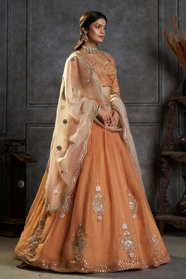Rust Embroidered Organza Lehenga (ACB2486)