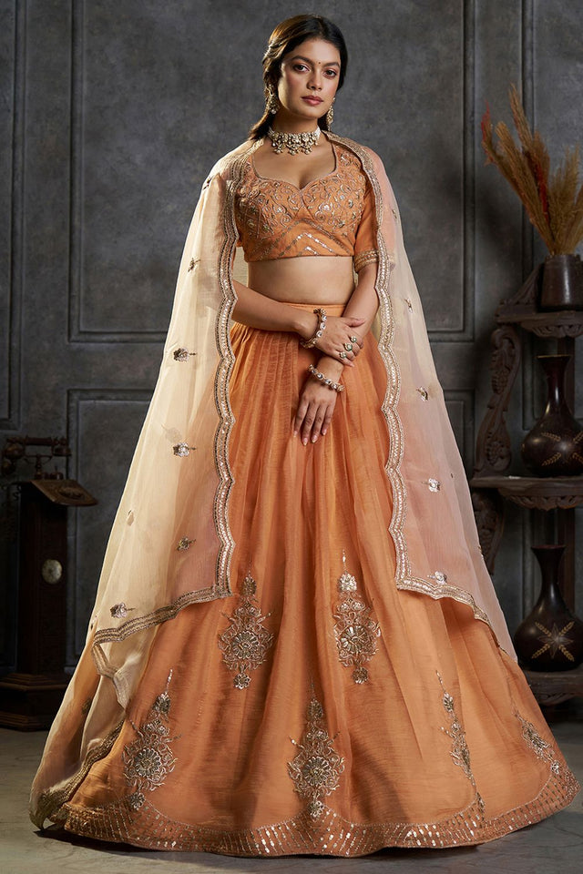 Rust Embroidered Organza Lehenga (ACB2486)