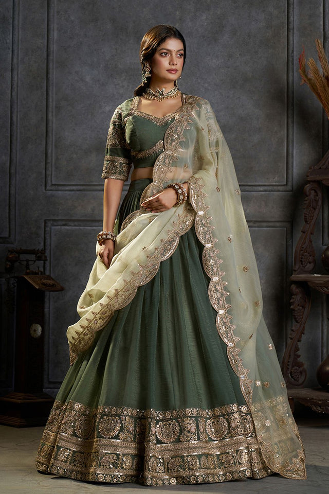 Green Embroidered Organza Lehenga (ACB2487)
