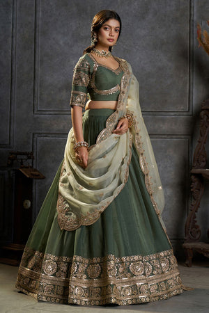 Green Embroidered Organza Lehenga (ACB2487)