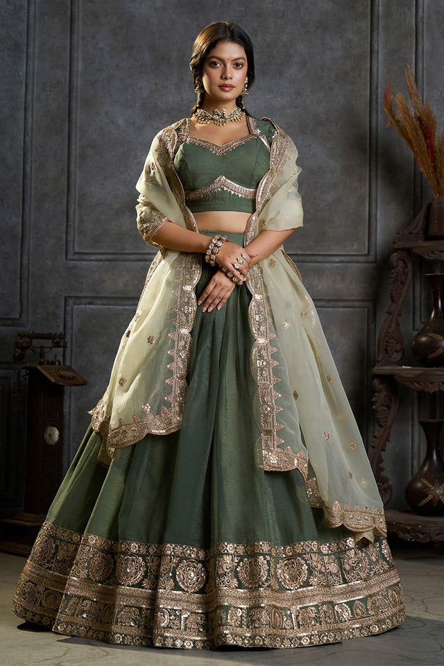 Green Embroidered Organza Lehenga (ACB2487)