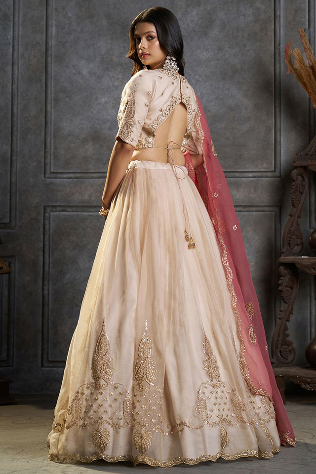 Cream Embroidered Organza Lehenga (ACB2488)