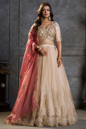 Cream Embroidered Organza Lehenga (ACB2488)