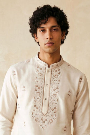 Mens White Floral Embroidered Silk Kurta Set (ACB2490)