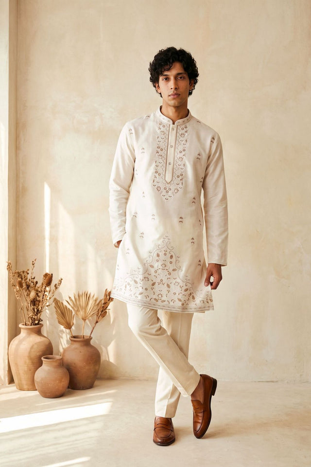 Mens White Floral Embroidered Silk Kurta Set (ACB2490)