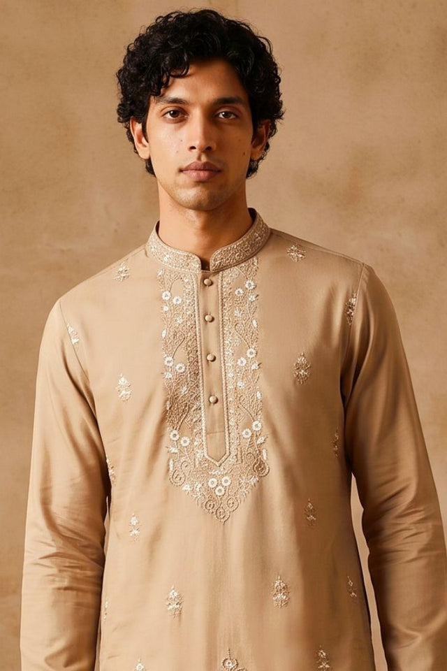 Mens Peach Floral Embroidered Silk Kurta Set (ACB2491)
