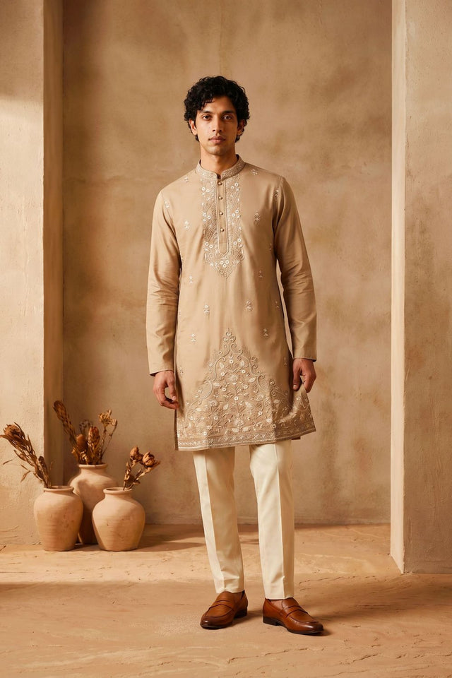 Mens Peach Floral Embroidered Silk Kurta Set (ACB2491)