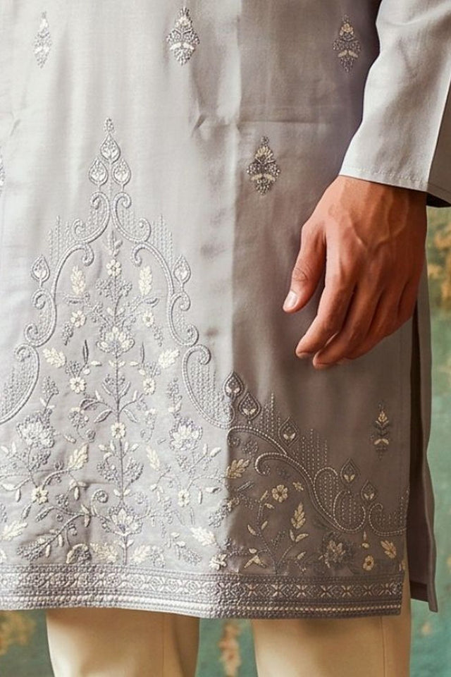 Mens Grey Floral Embroidered Silk Kurta Set (ACB2492)