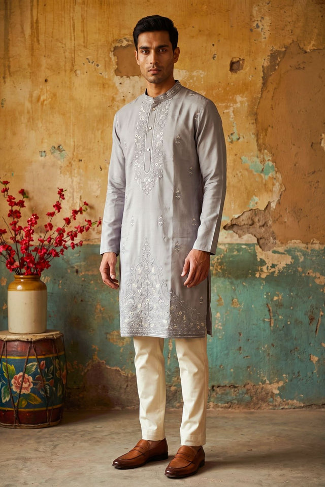 Mens Grey Floral Embroidered Silk Kurta Set (ACB2492)