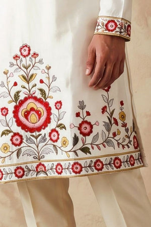 Mens White Floral Embroidered Silk Kurta Set (ACB2493)