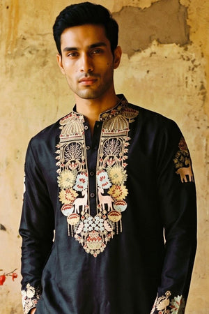 Mens Black Embroidered Silk Kurta Set (ACB2494)