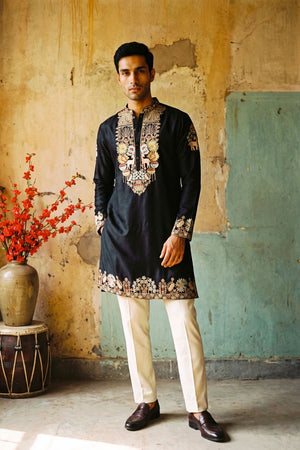 Mens Black Embroidered Silk Kurta Set (ACB2494)