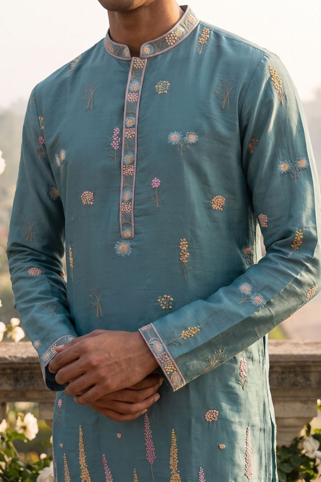 Mens Blue Embroidered Silk Kurta Set (ACB2495)