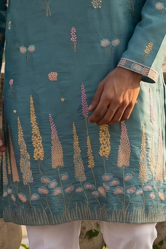 Mens Blue Embroidered Silk Kurta Set (ACB2495)
