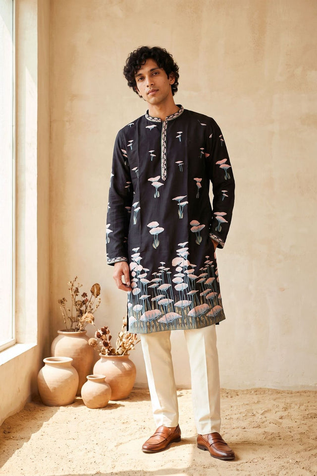 Mens Black Floral Embroidered Silk Kurta Set (ACB2496)