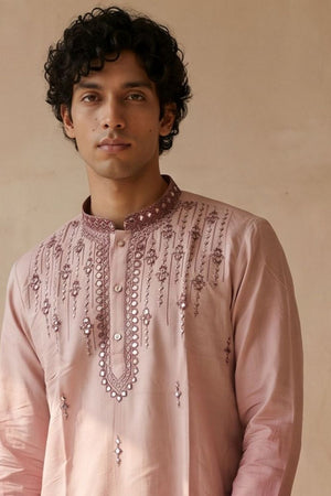 Mens Peach Mirror Embroidered Silk Kurta Set (ACB2497)