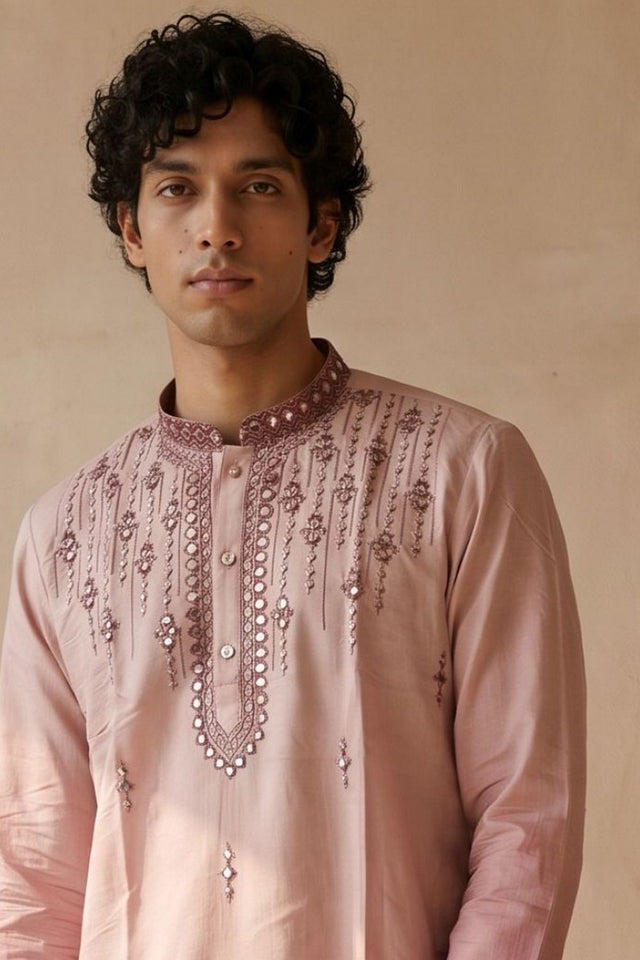 Mens Peach Mirror Embroidered Silk Kurta Set (ACB2497)