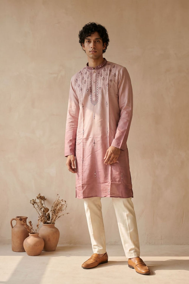 Mens Peach Mirror Embroidered Silk Kurta Set (ACB2497)