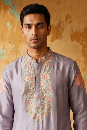 Mens Lavender Floral Embroidered Silk Kurta Set (ACB2498)