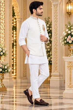 Mens Cream Embroidered Linen Kurta Set with Koti (ACB2499)