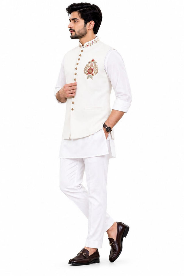 Mens Cream Embroidered Linen Kurta Set with Koti (ACB2499)