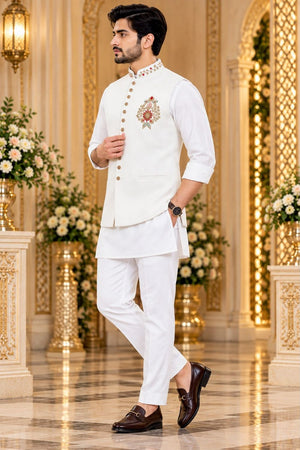 Mens Cream Embroidered Linen Kurta Set with Koti (ACB2499)