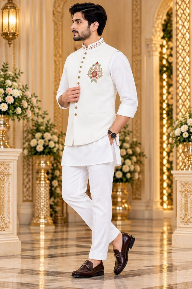 Mens Cream Embroidered Linen Kurta Set with Koti (ACB2499)
