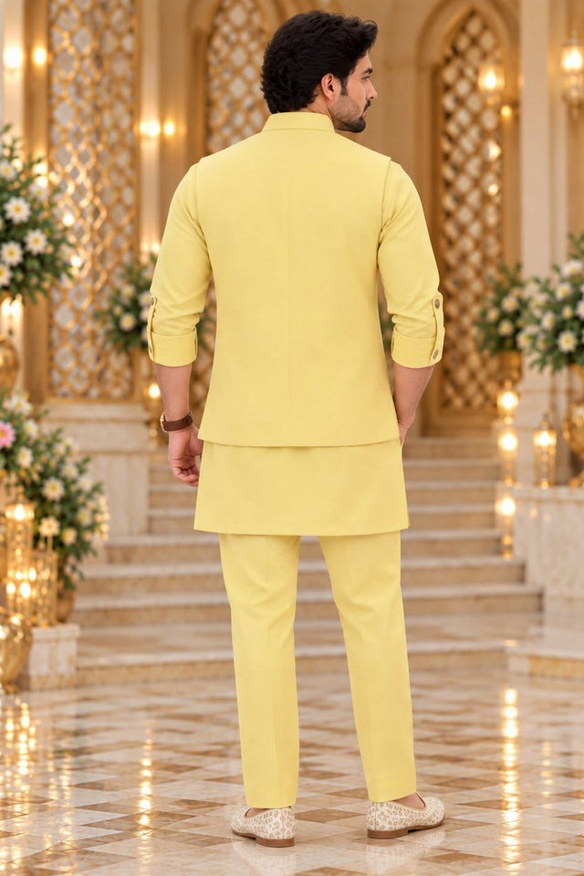 Mens Yellow Embroidered Linen Kurta Set with Koti (ACB2501)