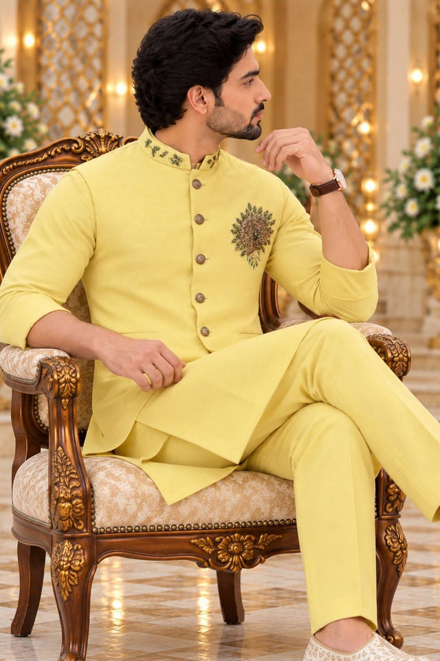 Mens Yellow Embroidered Linen Kurta Set with Koti (ACB2501)