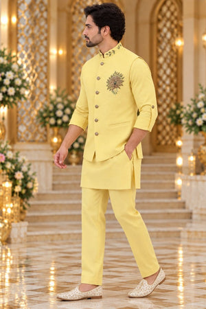 Mens Yellow Embroidered Linen Kurta Set with Koti (ACB2501)
