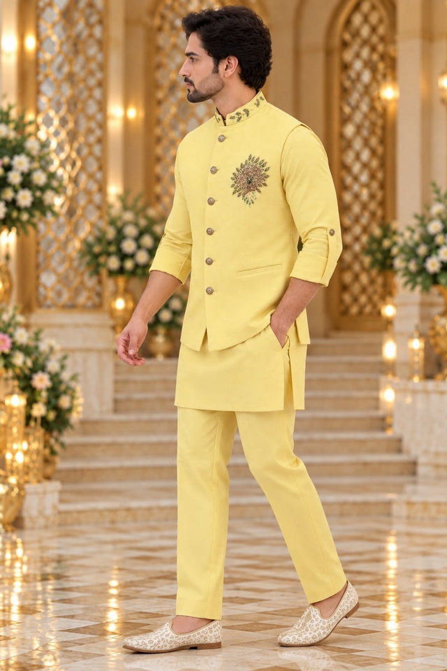 Mens Yellow Embroidered Linen Kurta Set with Koti (ACB2501)