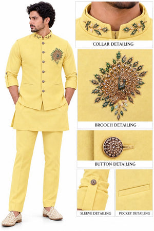 Mens Yellow Embroidered Linen Kurta Set with Koti (ACB2501)
