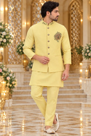 Mens Yellow Embroidered Linen Kurta Set with Koti (ACB2501)