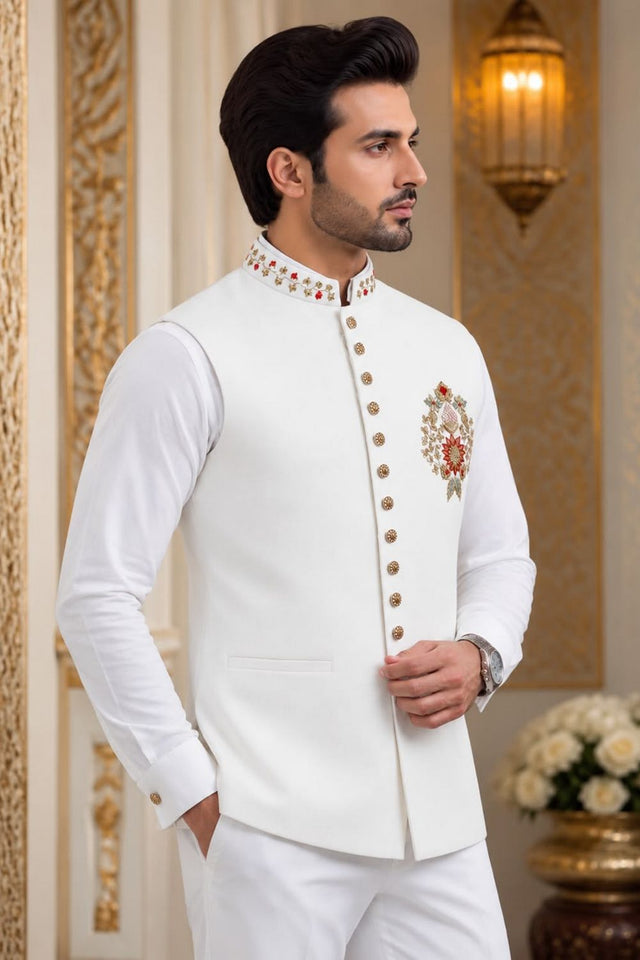 Mens Cream Embroidered Linen Shirt Pant Set with Koti (ACB2502)