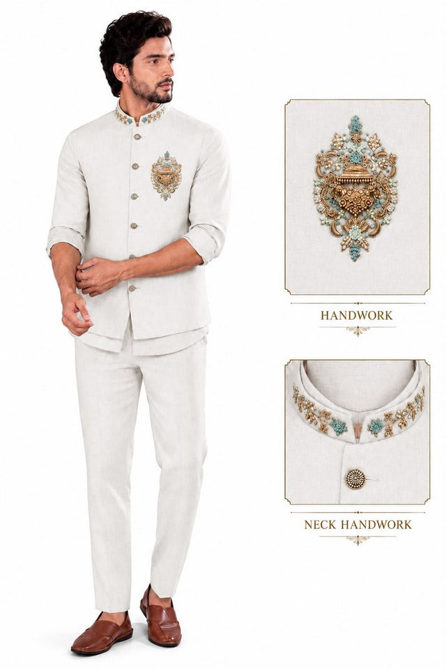 Mens Cream Embroidered Linen Shirt Pant Set with Koti (ACB2502)