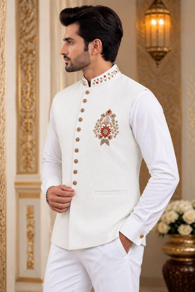 Mens Cream Embroidered Linen Shirt Pant Set with Koti (ACB2502)