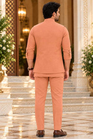 Mens Rust Embroidered Linen Shirt Pant Set with Koti (ACB2503)