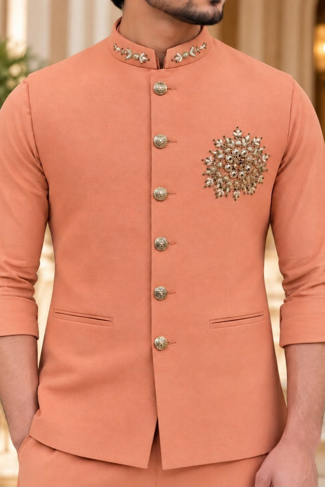 Mens Rust Embroidered Linen Shirt Pant Set with Koti (ACB2503)