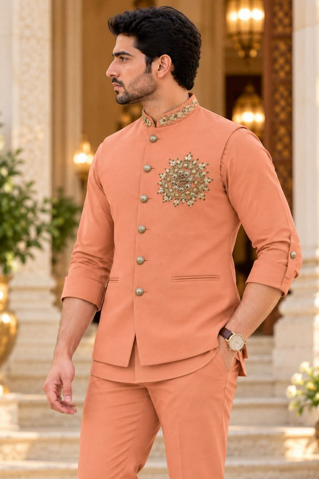 Mens Rust Embroidered Linen Shirt Pant Set with Koti (ACB2503)