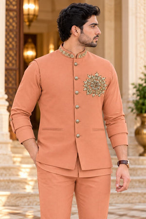 Mens Rust Embroidered Linen Shirt Pant Set with Koti (ACB2503)