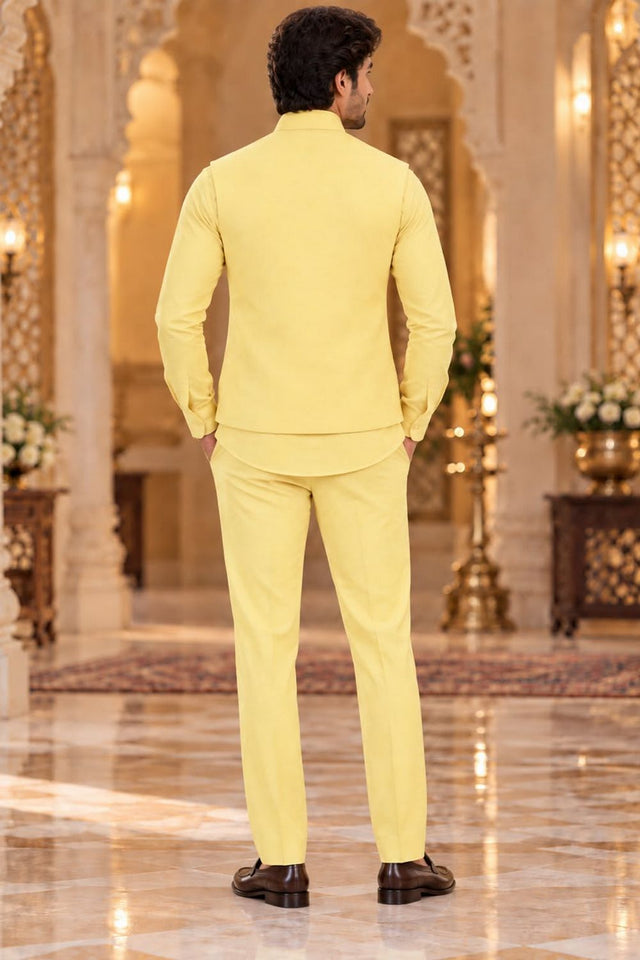 Mens Yellow Embroidered Linen Shirt Pant Set with Koti (ACB2504)