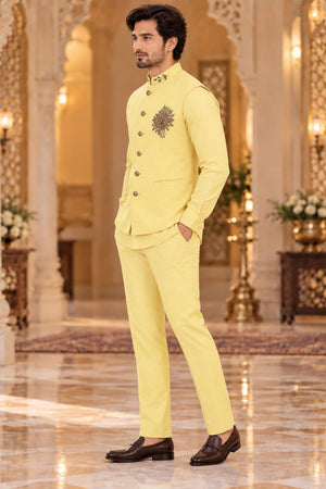 Mens Yellow Embroidered Linen Shirt Pant Set with Koti (ACB2504)