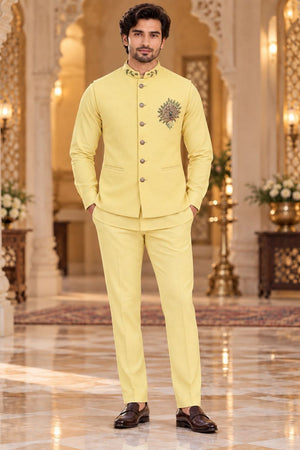 Mens Yellow Embroidered Linen Shirt Pant Set with Koti (ACB2504)