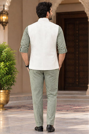 Mens Green Embroidered Linen Shirt Pant Set with Koti (ACB2505)