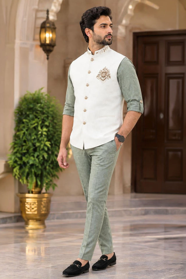 Mens Green Embroidered Linen Shirt Pant Set with Koti (ACB2505)