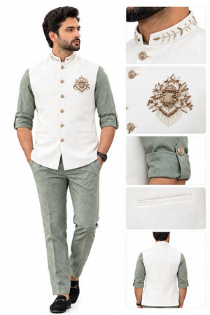 Mens Green Embroidered Linen Shirt Pant Set with Koti (ACB2505)