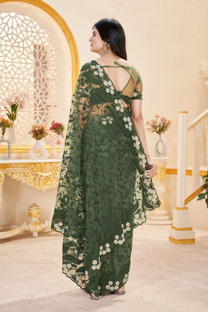 Green Floral Embroidered Net Saree (ACB2506)