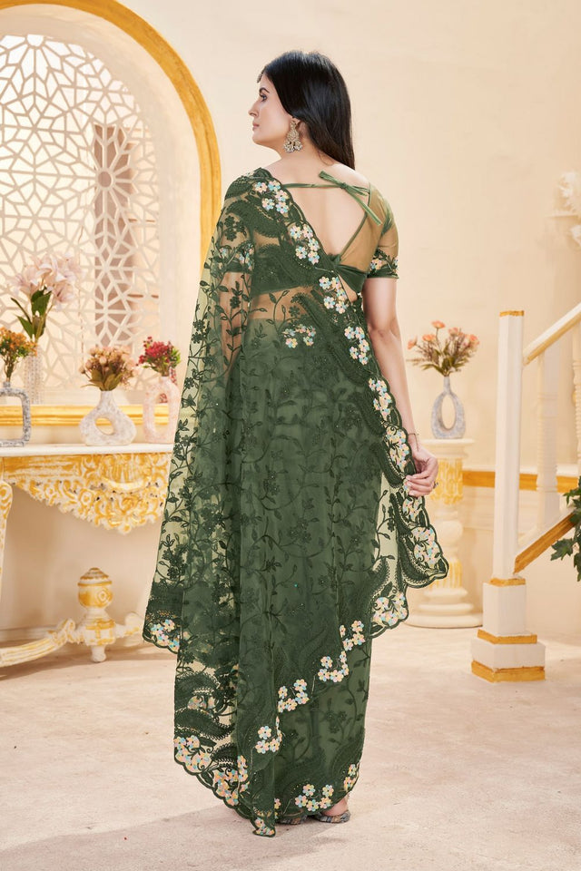 Green Floral Embroidered Net Saree (ACB2506)